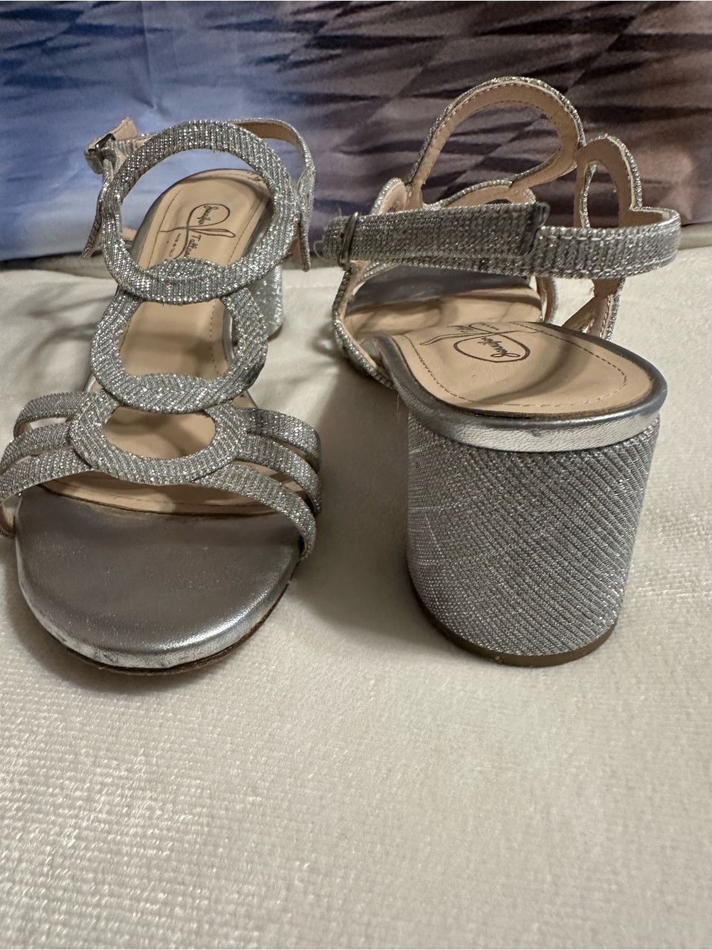 Jennifer Tattanelli Silver Leather Glitter Block Heel Sandals Made in Italy EU 4